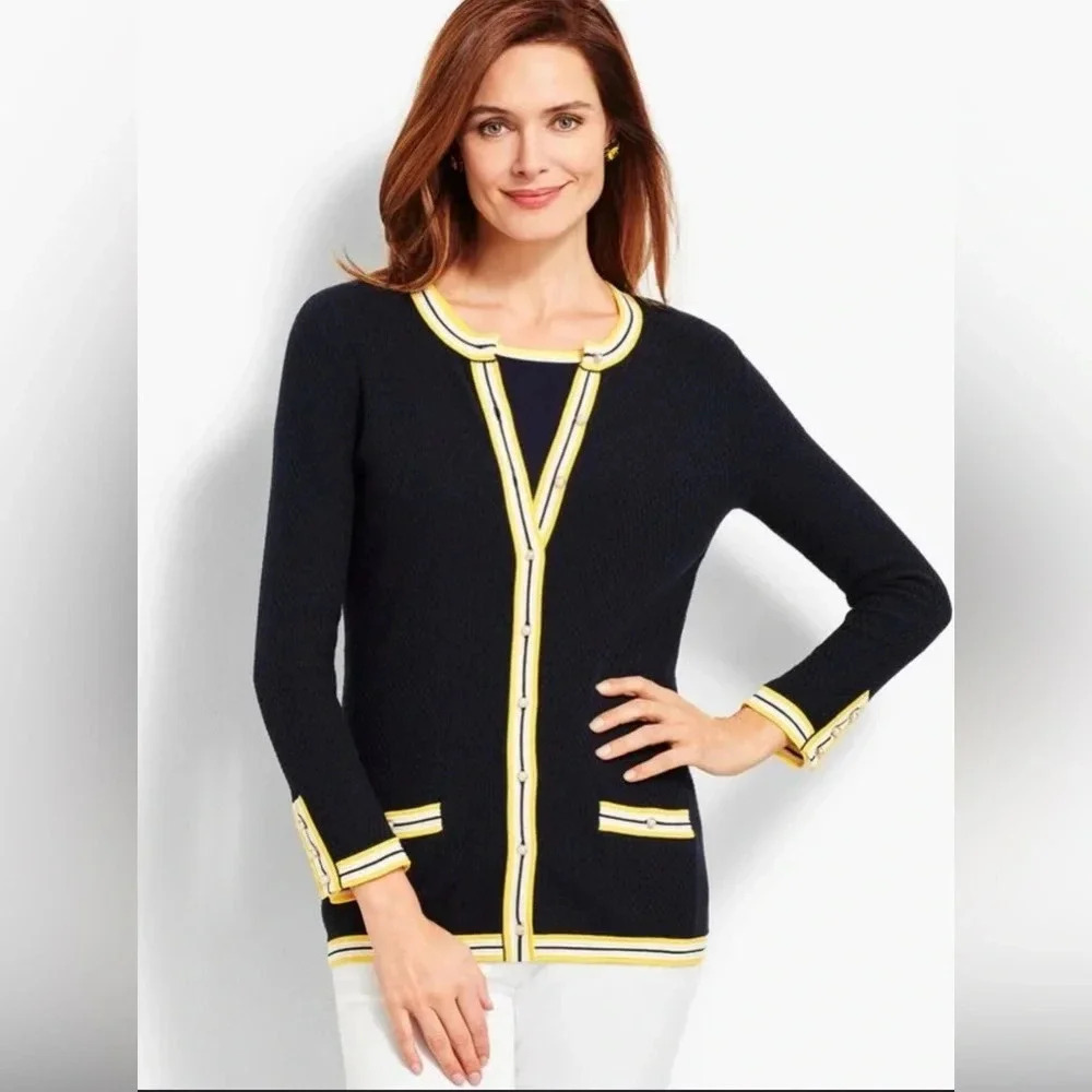 Talbots Navy & Yellow Textured Tipped Cardigan Sweater with Faux Pearl Buttons